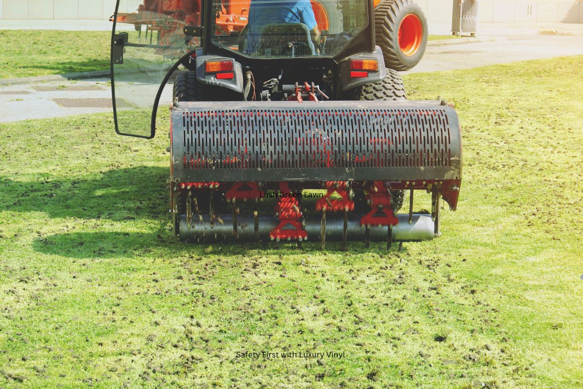 A tractor with a turf aerator is working on a green lawn, creating holes to promote healthy grass growth.
