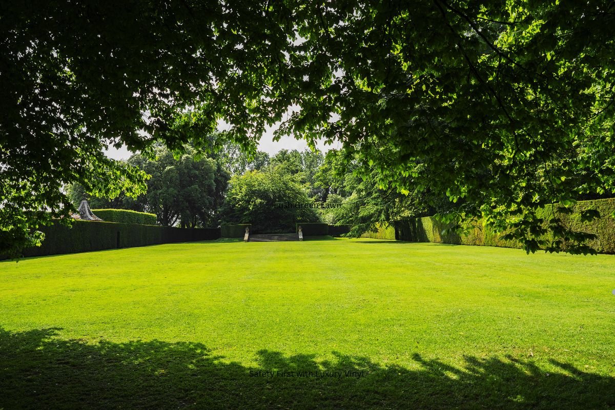 A lush green lawn framed by trees and hedges, creating a serene outdoor space with gentle sunlight filtering through the leaves.